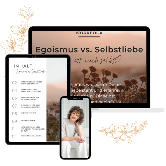PC, Tablet und Smartphone mit Bildern des Workbooks: Egoismus vs. Selbstliebe und ein Porträt von Julia Roggan